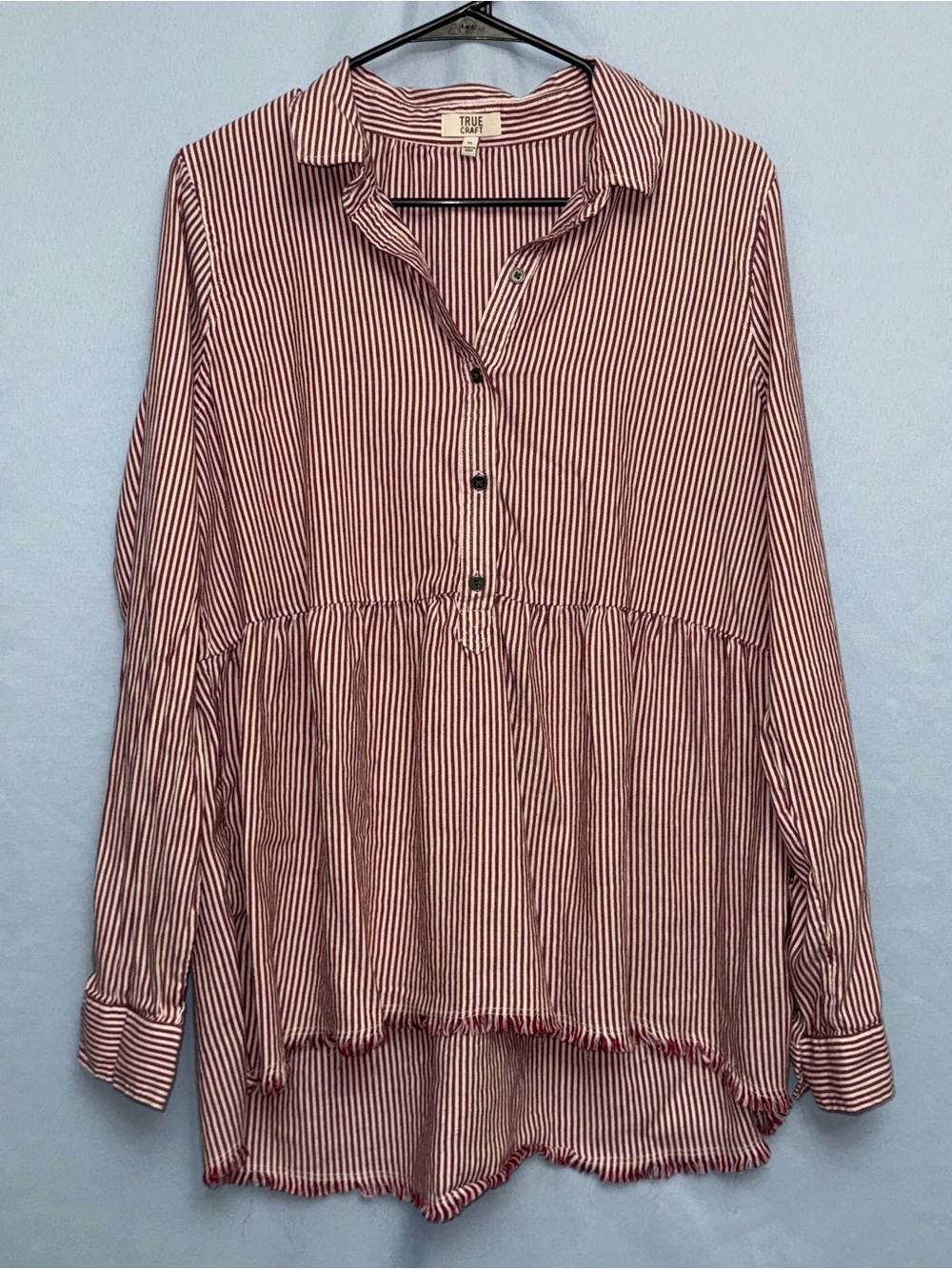 True Craft XL Burgundy Cream Striped Babydoll Button Down Shirt - Picture 2 of 7